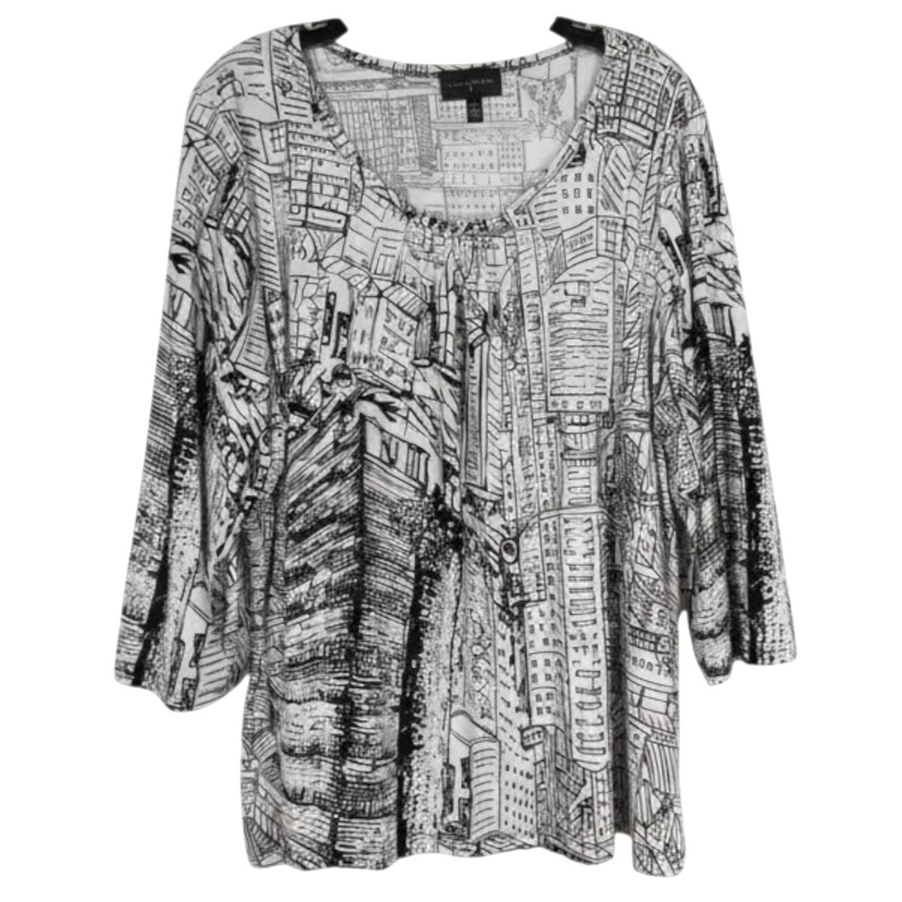 INVESTMENTS II Black STRETCH KNIT City Print PLEATED NECKLINE Blouse/Top 3X